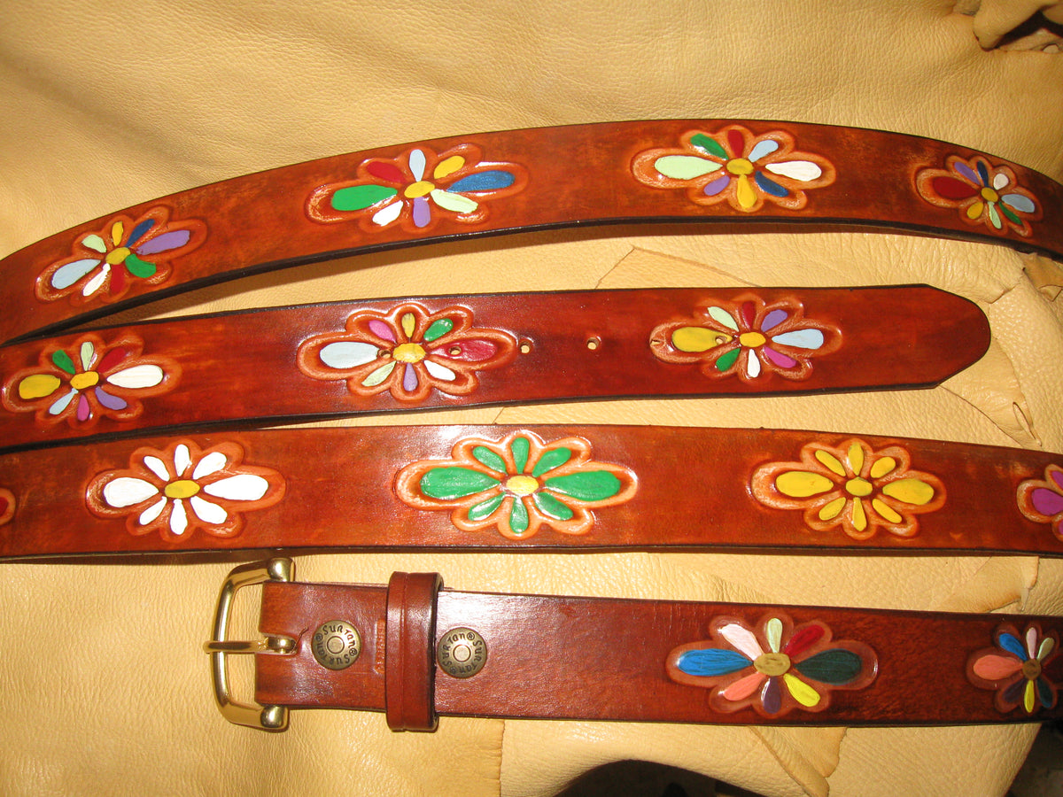 Hand Painted Floral Design Women s Tooling Leather Belt