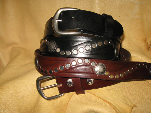 Indian Head & Buffalo Head Nickels Harness Leather Belt - Sur Tan Mfg. Co.