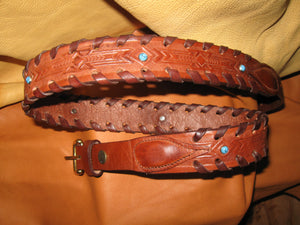 Laced-Edges Narrow End Tabs Embossed Women's Harness Leather Belt - Sur Tan Mfg. Co.
