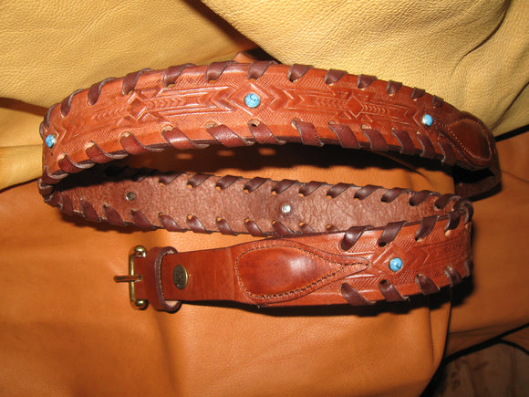 Laced-Edges Narrow End Tabs Embossed Women's Harness Leather Belt - Sur Tan Mfg. Co.