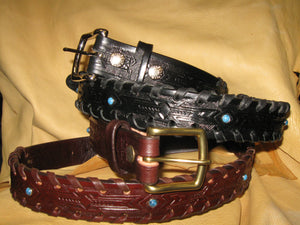 Laced Edges Turquoise Studs Women's Embossed Latigo Leather Belt - Sur Tan Mfg. Co.