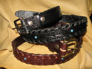 Turquoise-Studded, Hand-Laced Harness Leather Belt - Sur Tan Mfg. Co.