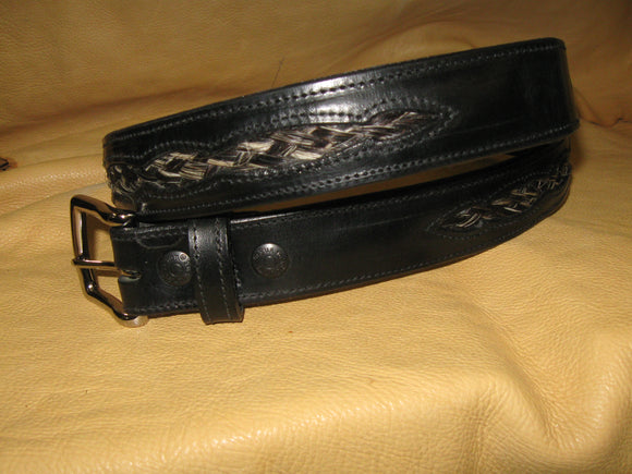 Braided Black-White Horsehair Inlay Design Harness Leather Belt - Sur Tan Mfg. Co.