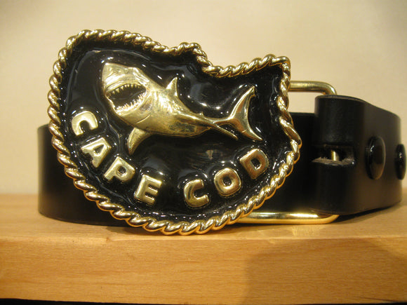 Great White Shark Brass/Black Belt Buckle and Belt by Sur Tan - Sur Tan Mfg. Co.