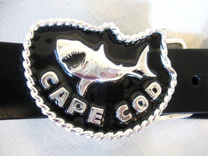 Great White Shark Silver/Black Belt Buckle and Belt by Sur Tan - Sur Tan Mfg. Co.